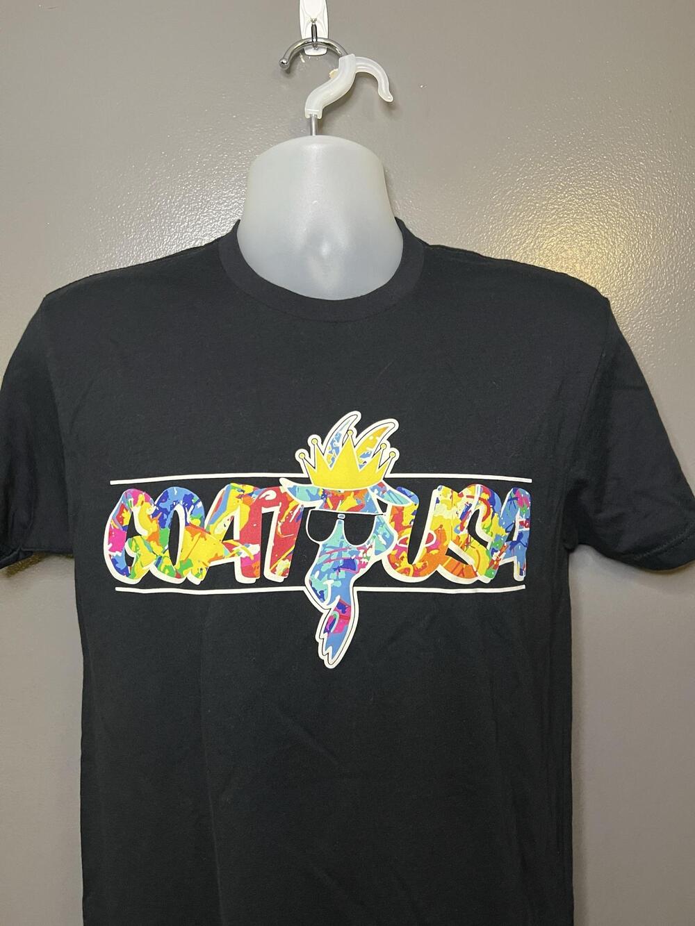 GOAT USA Shirt Mens Small Black Multicolor Crown Logo Graphic Tee USA Streetwear